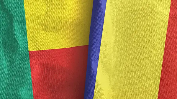 Romania e Benin due bandiere tessuto rendering 3D — Foto Stock