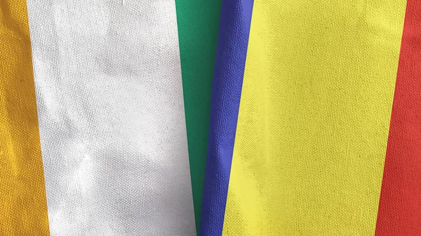 Rumänien och Elfenbenskusten två flaggor textilduk 3D-rendering — Stockfoto