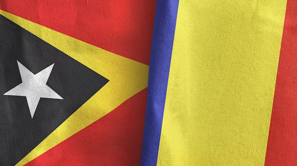 Romania and Timor-Leste East Timor two flags textile cloth 3D rendering —  Fotos de Stock