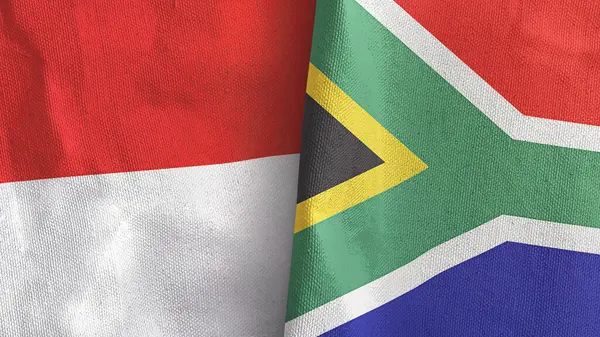 Sudáfrica e Indonesia dos banderas de tela textil representación 3D — Foto de Stock