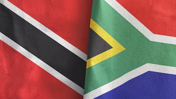 Sudáfrica y Trinidad y Tobago dos banderas de tela textil 3D renderizado — Foto de Stock