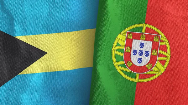 Portugal en Bahama 's twee vlaggen textiel doek 3D rendering — Stockfoto