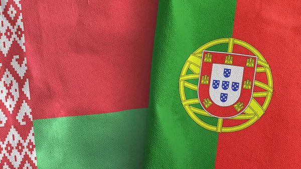 Portugal och Vitryssland två flaggor textilduk 3D-rendering — Stockfoto