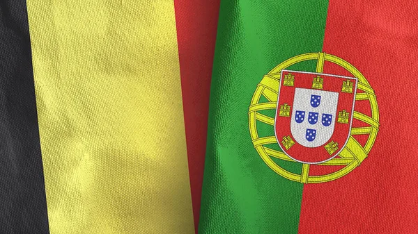 Portugal en België twee vlaggen textieldoek 3D rendering — Stockfoto