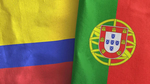 Portugal en Colombia twee vlaggen textiel doek 3D rendering — Stockfoto