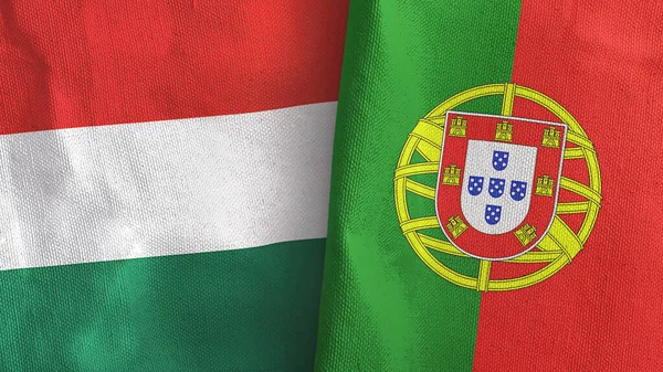 Portugal en Hongarije twee vlaggen textiel doek 3D rendering — Stockfoto