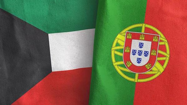 Πορτογαλία και Κουβέιτ δύο σημαίες ύφασμα 3D απόδοση — Φωτογραφία Αρχείου