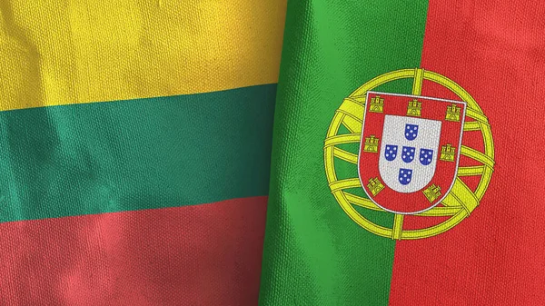 Portugal en Litouwen twee vlaggen textiel doek 3D rendering — Stockfoto