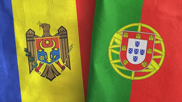 Portugal en Moldavië twee vlaggen textiel doek 3D rendering — Stockfoto