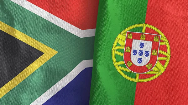 Portugal en Zuid-Afrika twee vlaggen textiel doek 3D rendering — Stockfoto