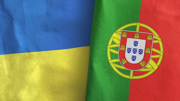 Portugal en Oekraïne twee vlaggen textiel doek 3D rendering — Stockfoto