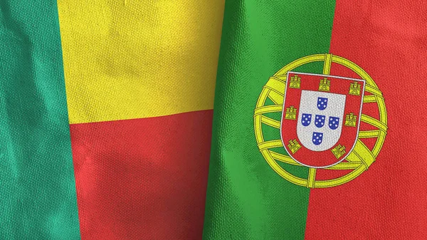 Portugal en Benin twee vlaggen textiel doek 3D rendering — Stockfoto