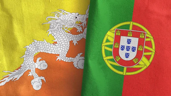 Portugal en Bhutan twee vlaggen textiel doek 3D rendering — Stockfoto