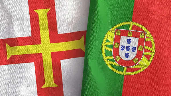Portugal en Guernsey twee vlaggen textiel doek 3D rendering — Stockfoto