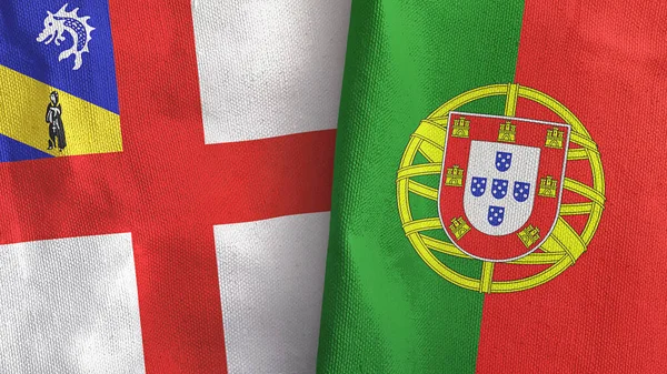 Portugal en Herm twee vlaggen textiel doek 3D rendering — Stockfoto