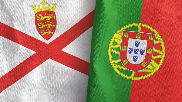 Portugal en Jersey twee vlaggen textiel doek 3D rendering — Stockfoto