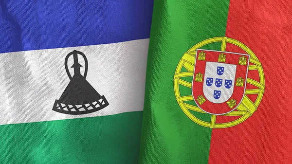 Portugal en Lesotho twee vlaggen textiel doek 3D rendering — Stockfoto