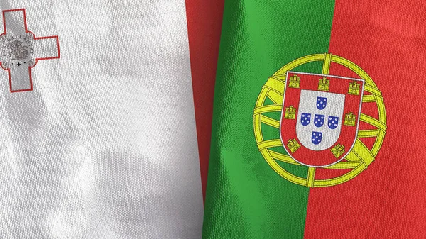 Portugal en Malta twee vlaggen textiel doek 3D rendering — Stockfoto