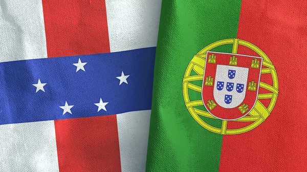 Portugal e Antilhas Neerlandesas duas bandeiras pano têxtil renderização 3D — Fotografia de Stock