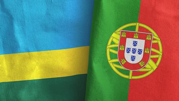 Portugal en Rwanda twee vlaggen textiel doek 3D rendering — Stockfoto