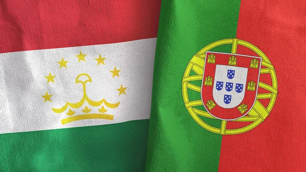 Portugal e Tajiquistão duas bandeiras de pano têxtil 3D renderização — Fotografia de Stock