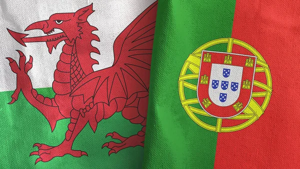 Portugal en Wales twee vlaggen textiel doek 3D rendering — Stockfoto