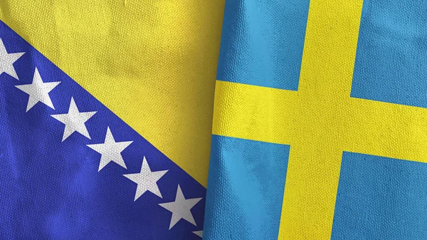 Sweden and Bosnia and Herzegovina two flags textile cloth 3D rendering — Stock Photo, Image