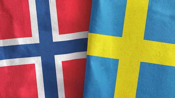 Suécia e Noruega duas bandeiras de pano têxtil 3D renderização — Fotografia de Stock