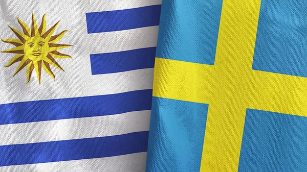 Sweden and Uruguay two flags textile cloth 3D rendering — Stock Photo, Image