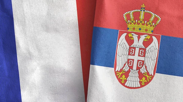 Serbia i Francja dwie flagi tkaniny tekstylne 3D renderowania — Zdjęcie stockowe