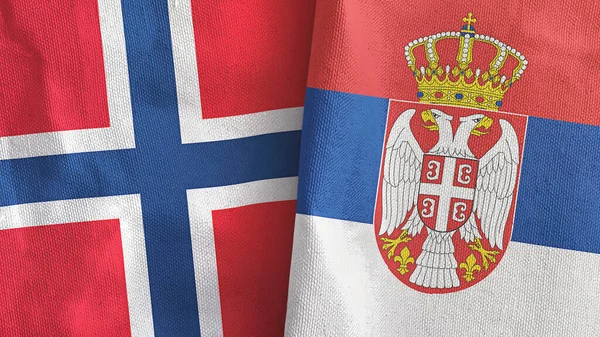 Сербія і Норвегія два прапори текстильна тканина 3D рендеринг — стокове фото