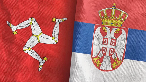 Serbien och Isle of Mann två flaggor textilduk 3D-rendering — Stockfoto