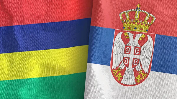 Serbia and Mauritius two flags textile cloth 3D rendering — Stock Photo, Image