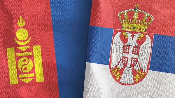 Serbien och Mongoliet två flaggor textilduk 3D-rendering — Stockfoto