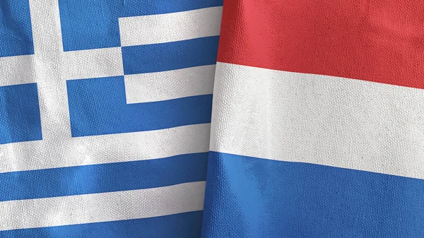 Holandia i Grecja dwie flagi tkaniny tekstylne 3D rendering — Zdjęcie stockowe