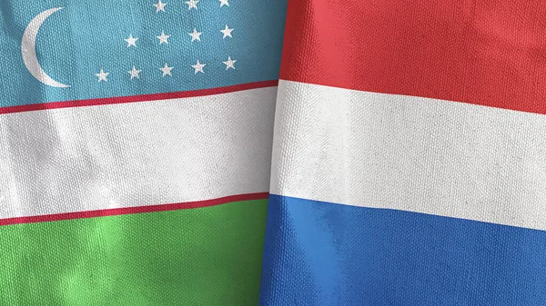 Países Bajos y Uzbekistán dos banderas tela textil 3D renderizado — Foto de Stock