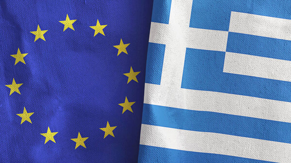 Greece and European Union two flags textile cloth 3D rendering