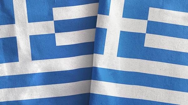 Grécia duas bandeiras de pano têxtil 3D renderização — Fotografia de Stock