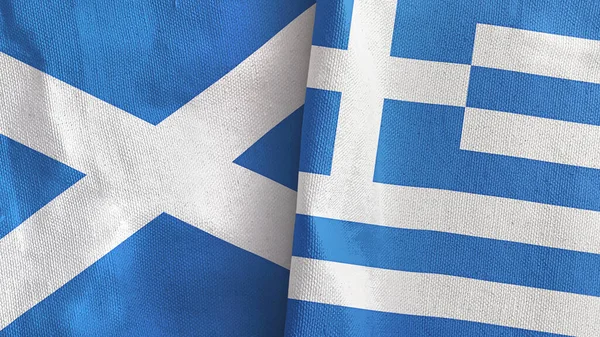 Řecko a Skotsko dvě vlajky textilní látky 3D vykreslování — Stock fotografie