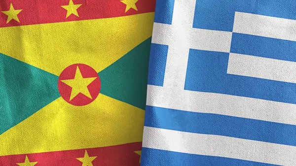 Griekenland en Grenada twee vlaggen textiel doek 3D rendering — Stockfoto