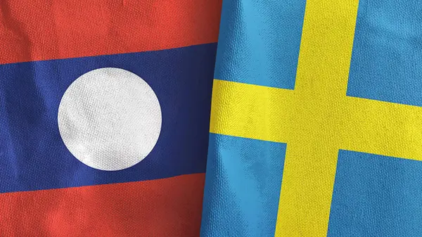 Sweden and Laos two flags textile cloth 3D rendering — Stock Photo, Image