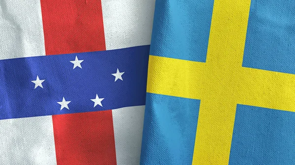 Suecia y las Antillas Neerlandesas dos banderas de tela textil 3D renderizado — Foto de Stock