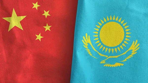 Kazakhstan and China two flags textile cloth 3D rendering — Stock Photo, Image