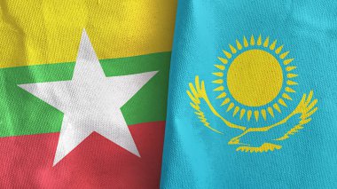 Kazakistan ve Myanmar iki bayraklı tekstil kumaşı.