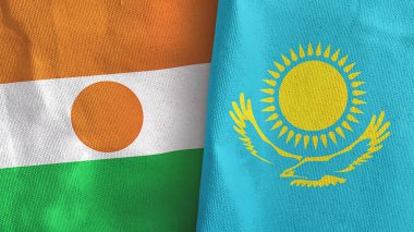 Kazakistan ve Nijer 'in iki bayrağı tekstil kumaşı 3D.