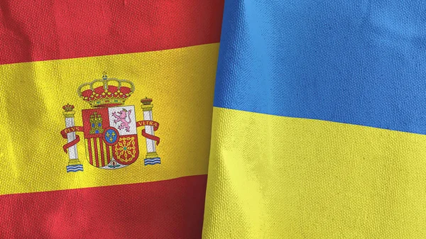 乌克兰和西班牙两国国旗纺织品3D渲染 — 图库照片