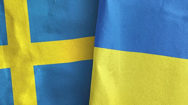 Ucrania y Suecia dos banderas de tela textil representación 3D — Foto de Stock