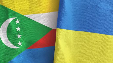 Ukrayna ve Komoros 'un iki bayrağı tekstil kumaşı 3D.