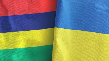 Ukrayna ve Mauritius 'un iki bayrağı tekstil kumaşı 3D.