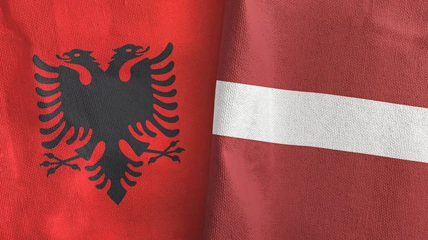 Letonia y Albania dos banderas de tela textil representación 3D — Foto de Stock